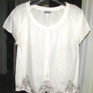 NAVY & TAN EMBROIDERY on WHITE Cotton TOP Sz XL Cr